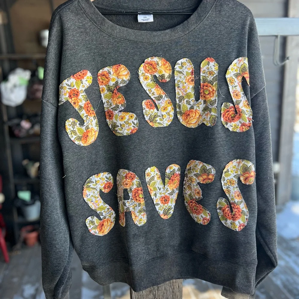 Jesus Saves Patchwork Crewneck Gray Letters Floral Orange Yellow - Picture 3 of 5